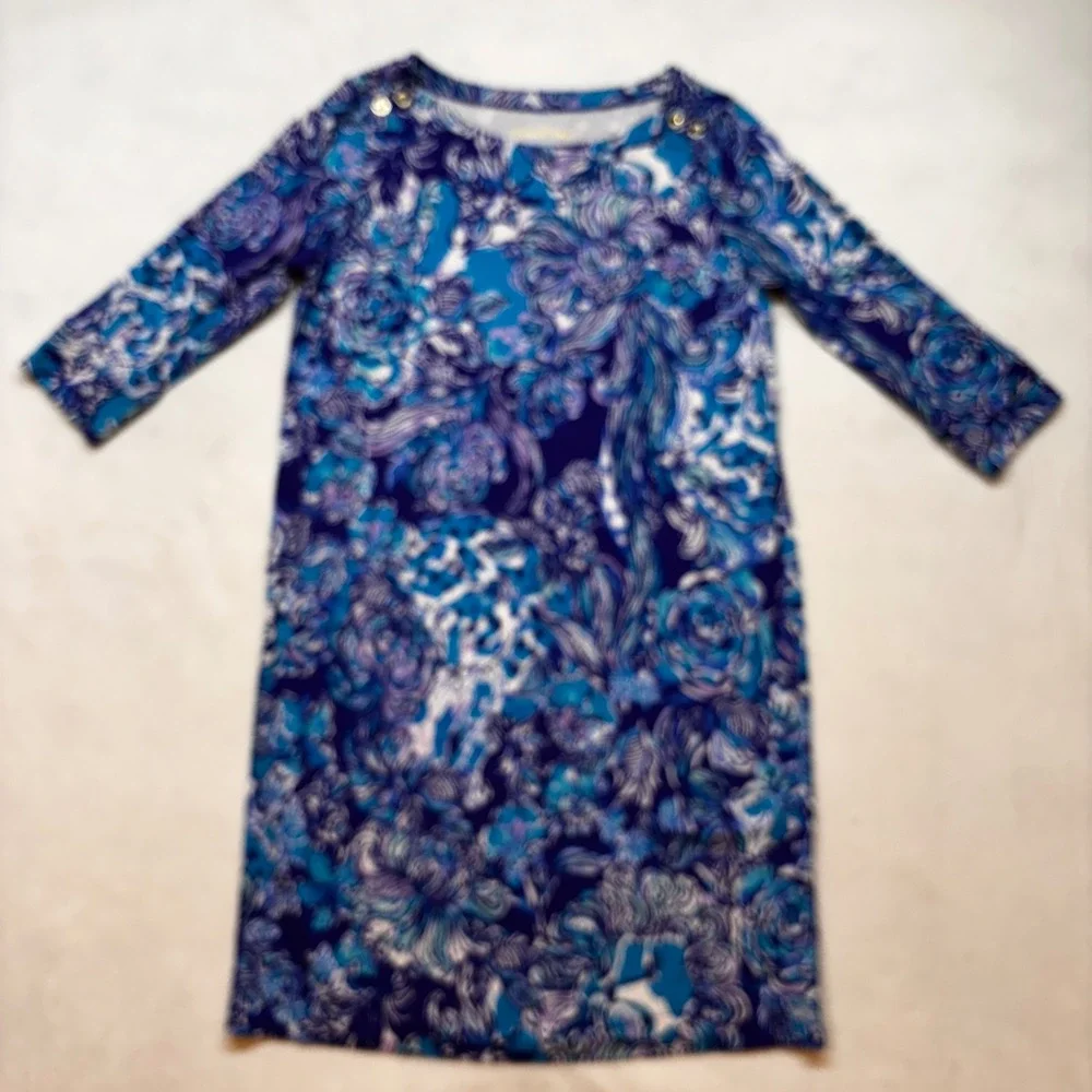 Lilly Pulitzer Dress XL 12-14 Blue Floral 3/4‎ Sleeve Gold Buttons Rayon Spandex